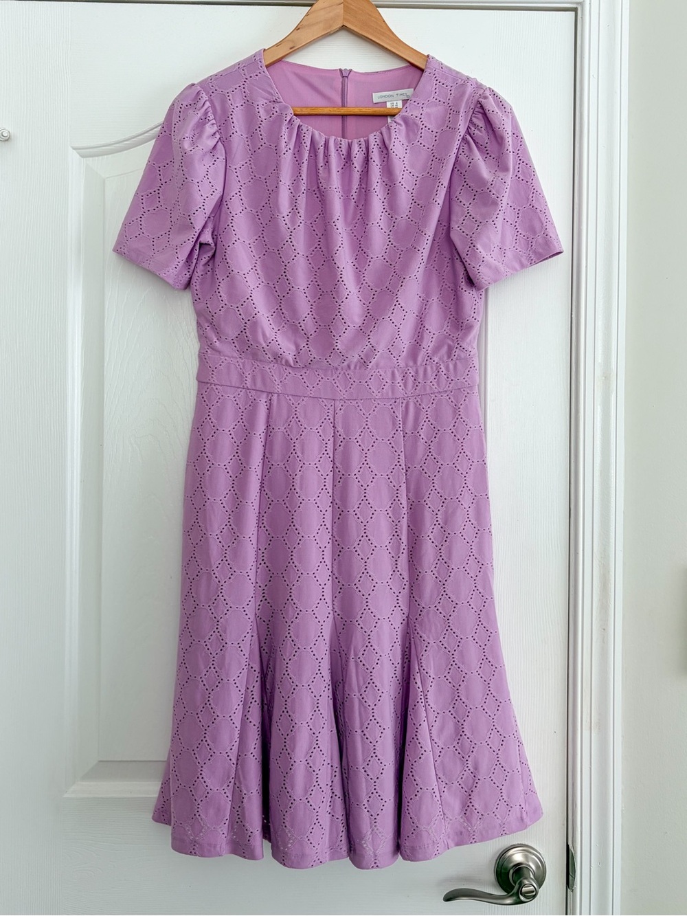 London Times Purple Dress Fit & Flare Eyelet Short Sleeve Midi Wedding Guest 6
